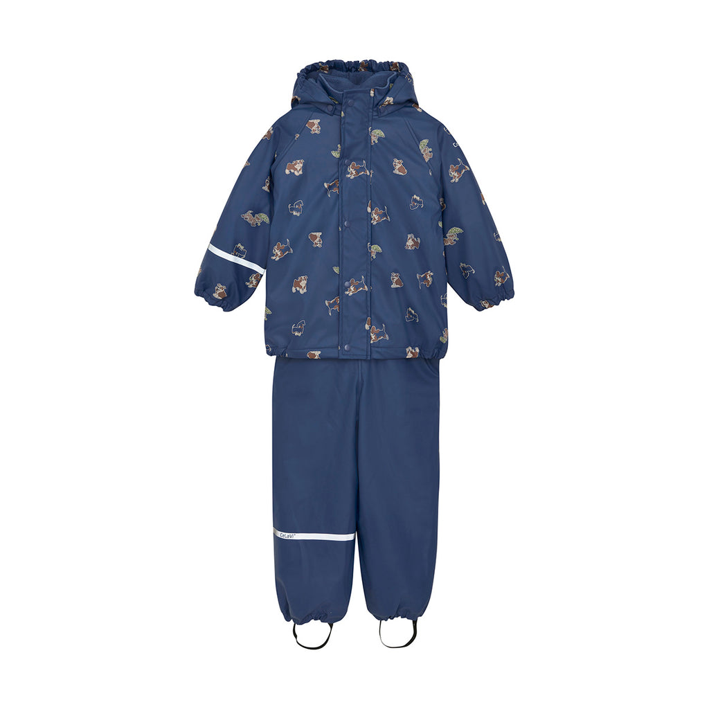 Fleece-lined Dungarees & Jacket Rain Set, Blue Doggies, ages from 1-4 years