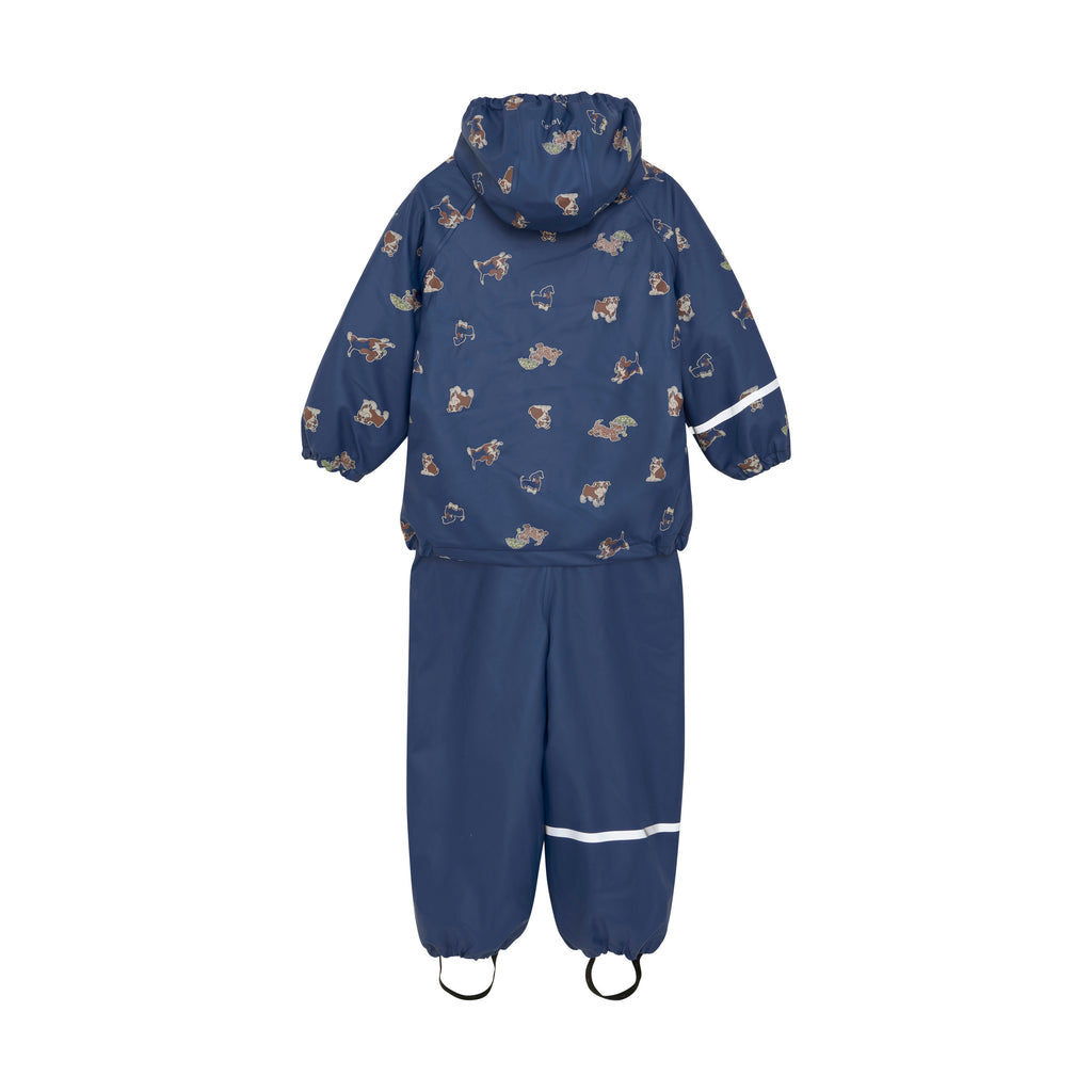 Fleece-lined Dungarees & Jacket Rain Set, Blue Doggies, ages from 1-4 years