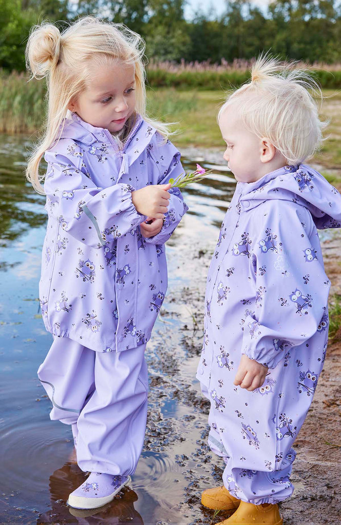 Lilac Owls Trousers & Jacket Waterproof Set, age 6-7 years